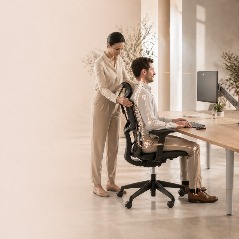 Consultora de ergonomia orientando profissional em posto de trabalho com postura corrigida